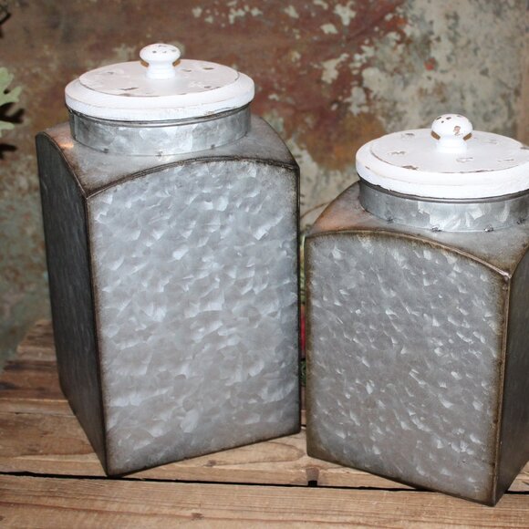 NEW Pair of Galvanized Metal & Wood Farmhouse Storage Decor Canisters - Picture 2 of 6